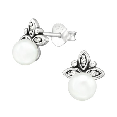 Silver Antique Ear Studs with Cubic Zirconia and Snythetic Pearl