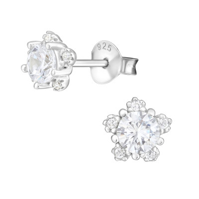 Silver Flower Ear Studs with Cubic Zirconia