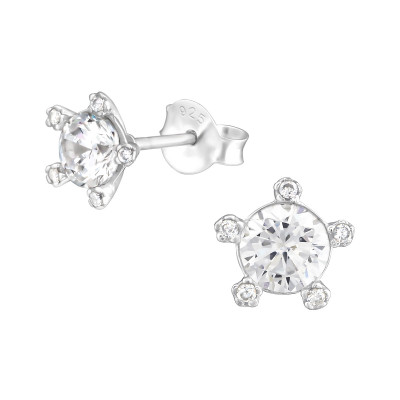 Silver Flower Ear Studs with Cubic Zirconia