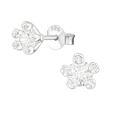 Silver Flower Ear Studs with Cubic Zirconia