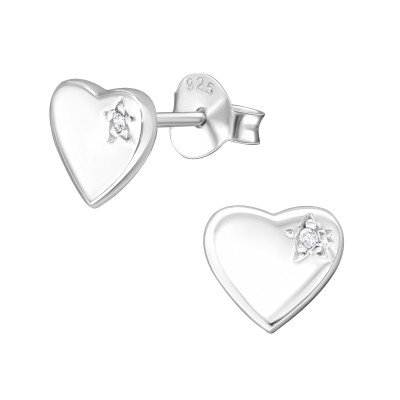 Silver Heart Ear Studs with Cubic Zirconia