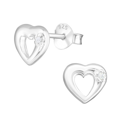 Silver Heart Ear Studs with Cubic Zirconia