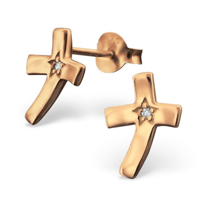 Cross Sterling Silver Ear Studs with Cubic Zirconia