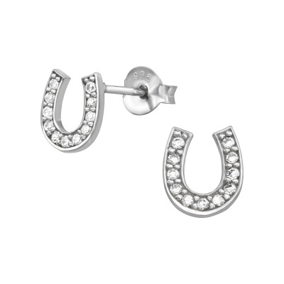 Horseshoes Sterling Silver Ear Studs with Cubic Zirconia