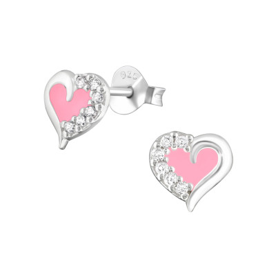 Silver Heart Ear Studs with Cubic Zirconia and Epoxy