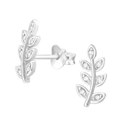 Silver Leaf Ear Studs with Cubic Zirconia