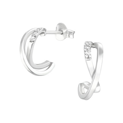 Silver Half Hoop Ear Studs with Cubic Zirconia