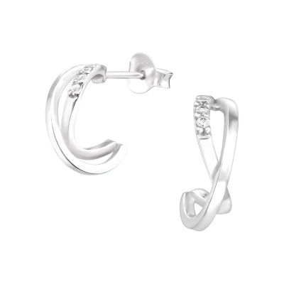 Silver Half Hoop Ear Studs with Cubic Zirconia