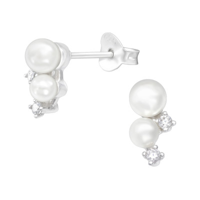 Silver Geometric Ear Studs with Cubic Zirconia and Synthetic Pearl