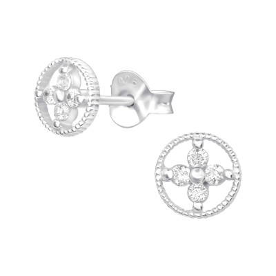 Silver Flower Ear Studs with Cubic Zirconia