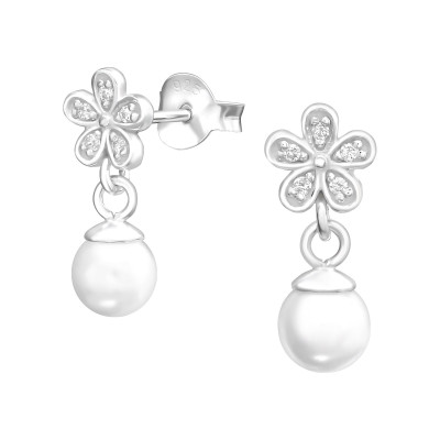 Silver Flower Ear Studs with Hanging Synthetic Pearl and Cubic Zirconia