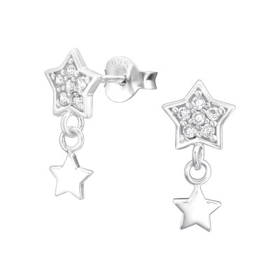 Silver Star Ear Studs with Hanging Star and Cubic Zirconia