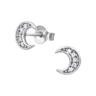 Moon Sterling Silver Ear Studs with Cubic Zirconia