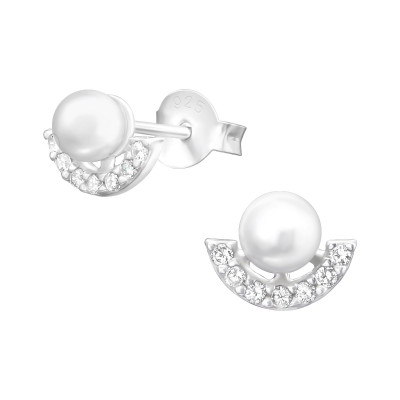 Silver Semi Circle Ear Studs with Cubic Zirconia and Synthetic Pearl