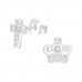 Silver Cross and Crown Ear Studs with Cubic Zirconia