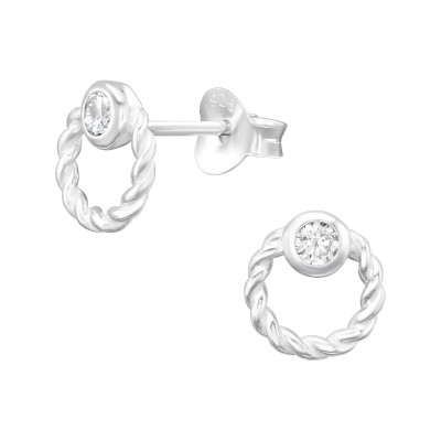 Silver Twisted Circle Ear Studs with Cubic Zirconia