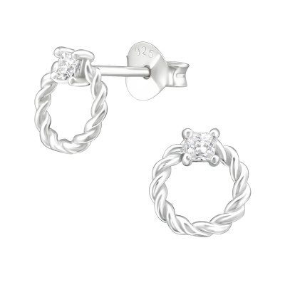 Silver Twisted Ear Studs with Cubic Zirconia