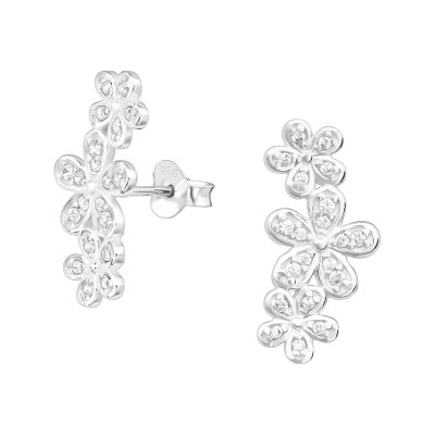 Silver Flowers Ear Studs with Cubic Zirconia