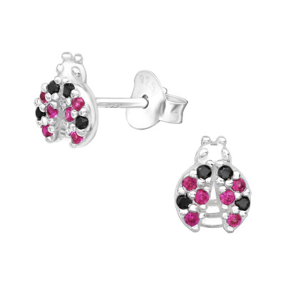 Silver Ladybug Ear Studs with Cubic Zirconia