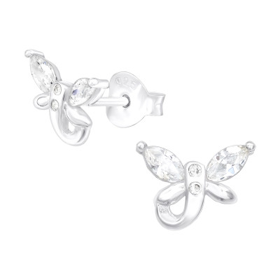 Silver Dragonfly Ear Studs with Cubic Zirconia