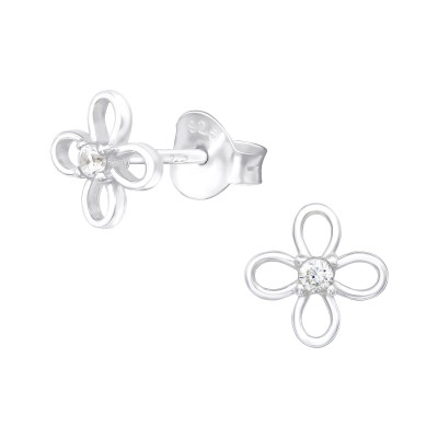 Silver Flower Ear Studs with Cubic Zirconia