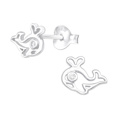 Silver Whale Ear Studs with Cubic Zirconia