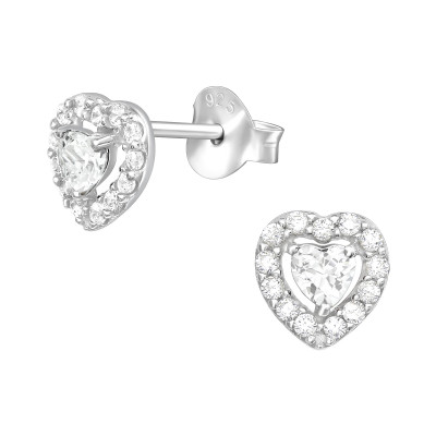 Silver Heart Ear Studs with Cubic Zirconia