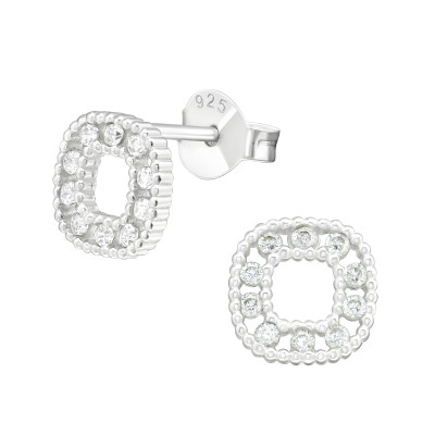 Silver Square Ear Studs with Cubic Zirconia