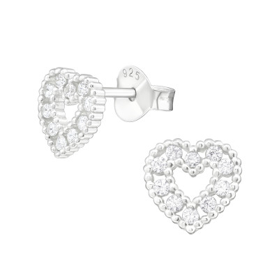 Silver Heart Ear Studs with Cubic Zirconia