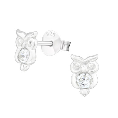 Silver Owl Ear Studs with Cubic Zirconia