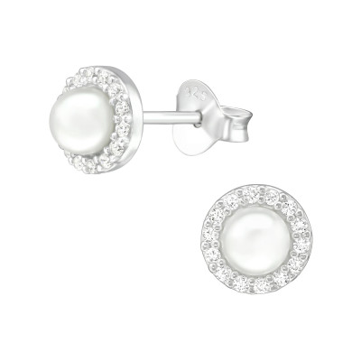 Silver Geometric Ear Studs with Cubic Zirconia and Synthetic Pearl