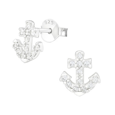 Silver Anchor Ear Studs with Cubic Zirconia