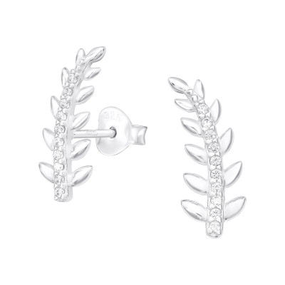 Silver Leaf Ear Studs with Cubic Zirconia