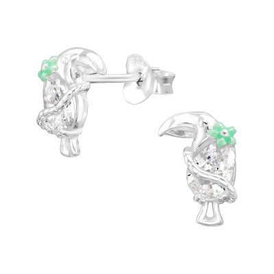 Silver Hornbill Ear Studs with Cubic Zirconia and Epoxy