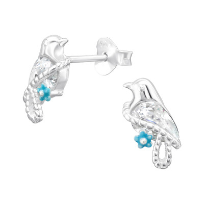 Silver Bird Ear Studs with Cubic Zirconia and Epoxy