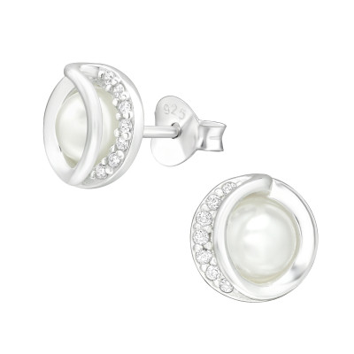 Silver Circle Ear Studs with Cubic Zirconia and Synthetic Pearl