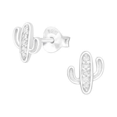 Silver Cactus Ear Studs with Cubic Zirconia