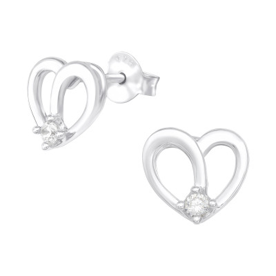 Silver Heart Ear Studs with Cubic Zirconia