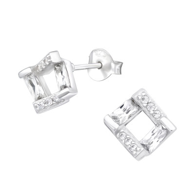 Silver Square Ear Studs with Cubic Zirconia