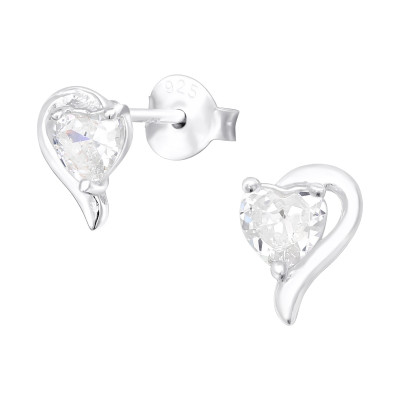 Silver Half Heart Ear Studs with Cubic Zirconia