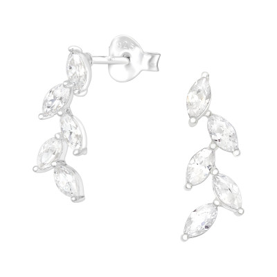 Silver Olive Leaf Ear Studs with Cubic Zirconia