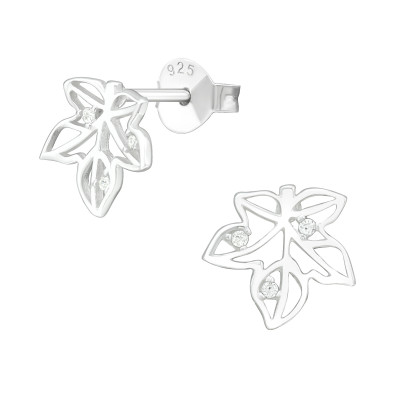 Silver Leaf Ear Studs with Cubic Zirconia