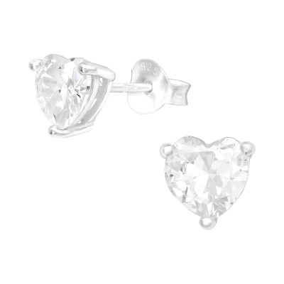 Silver Heart Ear Studs with Cubic Zirconia