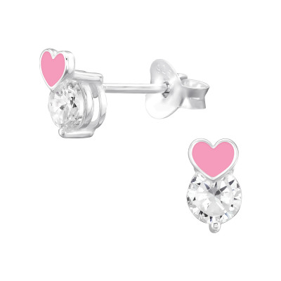 Silver Heart Ear Studs with Cubic Zirconia and Epoxy