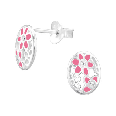 Silver Flower Ear Studs with Cubic Zirconia and Epoxy