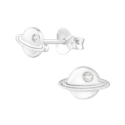 Silver Saturn Ear Studs with Cubic Zirconia