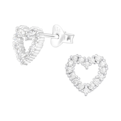 Silver Heart Ear Studs with Cubic Zirconia