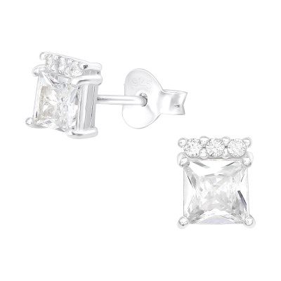 Silver Square Ear Studs with Cubic Zirconia