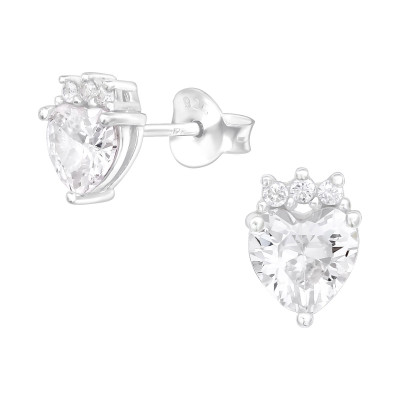 Silver Heart Ear Studs with Cubic Zirconia