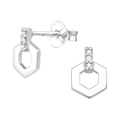 Silver Hexagon Ear Studs with Cubic Zirconia